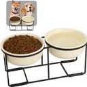 Ceramic Elevated Dog Bowl Set - Raised Food and Water Bowls with Metal Stand - Double Pet Dishes for Small and Medium Dogs - 2 Cups - 27 fl oz - Beige