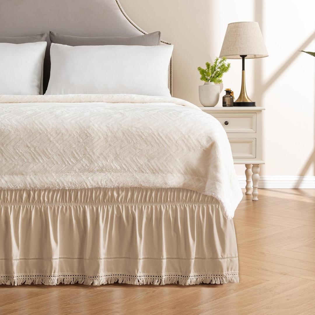 MIYE Wrap Around Ruffled Lace Bed Skirt, Elastic Dust Ruffle with Adjustable Belts, Easy to Put On, Bed Frame Cover, Machine Washable (Tassel Ruffle/Beige, King/Queen-15 Drop)