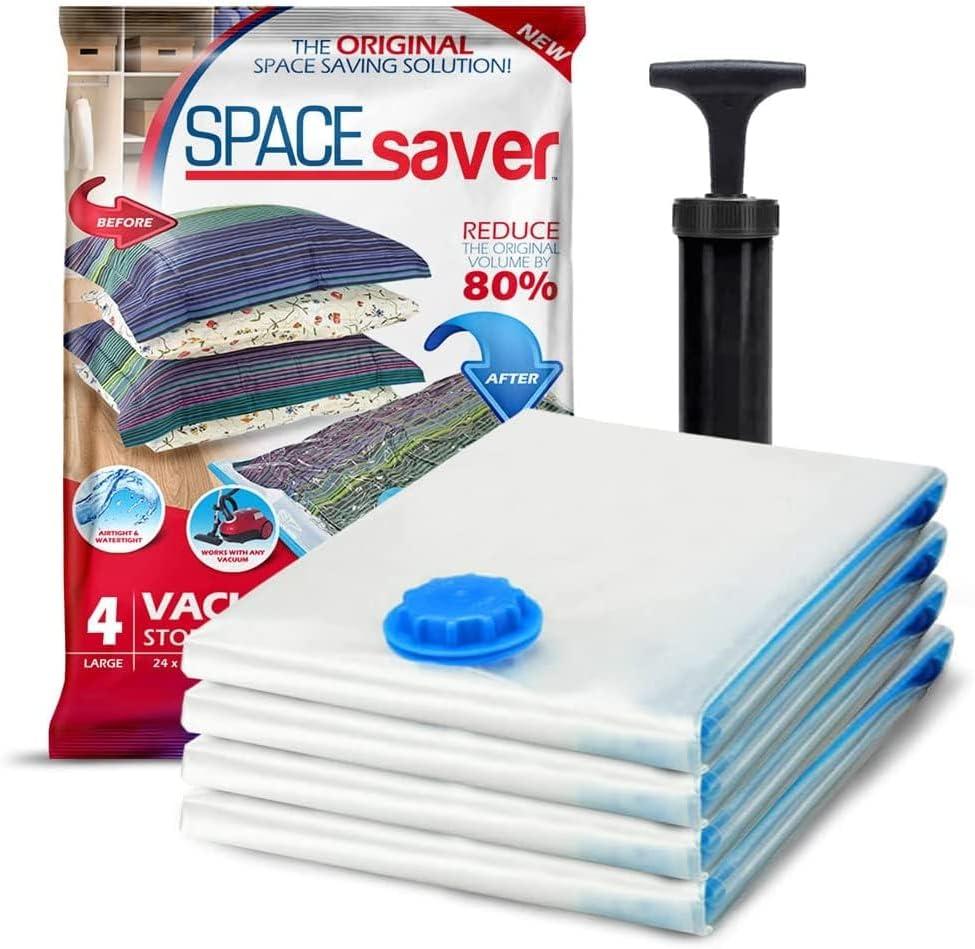 Spacesaver 4 Pack Large Vacuum Storage Bags for Comforters, Blankets & Clothes – Vacuum Sealed Compression Bags with Hand Pump – Space Saver Storage Bags for Bedding, Moving, Travel & Organization, 100% polyester blanket, 60 cm x 80 cm