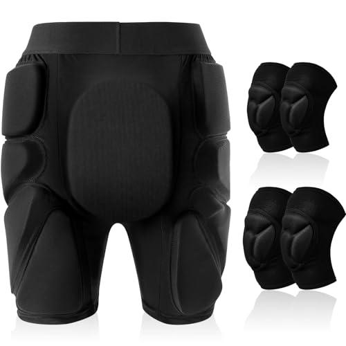 Lewtemi 3 Set Protective 3D Padded Hip EVA Short Pants Knee Pads Elbow Set Winter Protection Hip Pads Thick Non Slip Knee Sleeve Elbow Guard for Men Women Kid Ski Ice Skating(Black03,Medium,Stylish)