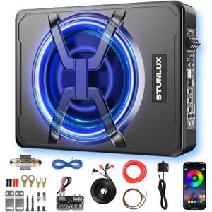 10 Inch 800W Under Seat Car Subwoofer,Full Cast Aluminum Under Seat Powered Subwoofer,Built-in Amp & APP LED Light Control,12V Universal Vehicle Subwoofer Full Installation Kit with Gift Box