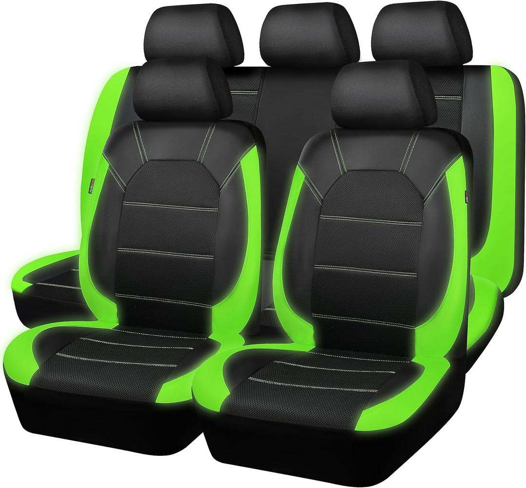 CAR PASS Luminous Green Leather seat Covers Universal Sport car seat Cover, 5mm Composite Sponge Inside, Airbag Compatible fits Most Cars, SUVs,Trucks,Vans (Full Set,Black with Green)