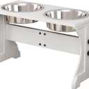 Piskyet Modern Farmhouse Dog Bowls Stand, Elevated Dog Bowls with 2 Stainless Steel Wooden Bowls, 80 oz Bowl-White
