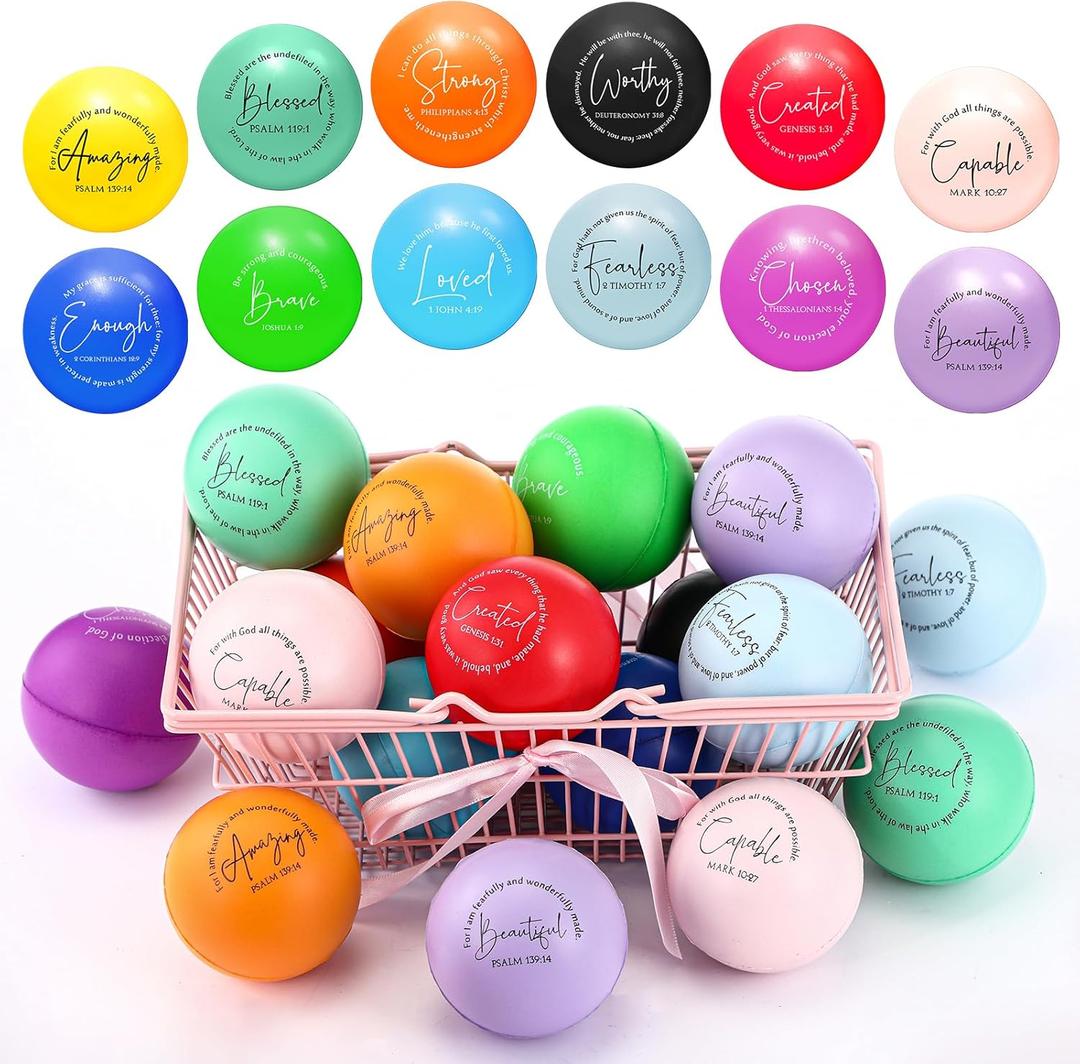 Meooeck 36 Pcs Christian Stress Balls Bulk, Motivational Bible Verse Stress Balls, Colorful PU Foam Inspirational Relief Ball for Church, Sunday School and Religious Gifts, Round Christian