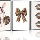 YZLYAD 3Pcs Trendy Leopard Print Wall Art,Fashion Bow Cherry Lips Y2k Poster Pictures,Stylish Preppy Aesthetics Girls' Rooms Canvas Wall Decor for Bedroom Dorm Apartment.24x16in Unframe