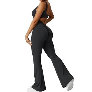 YEOREO Women Sleeveless Flare Jumpsuits Sexy Backless Gym Bodycon Scrunch Butt Yoga Rompers V Back Lizvette Black Medium
