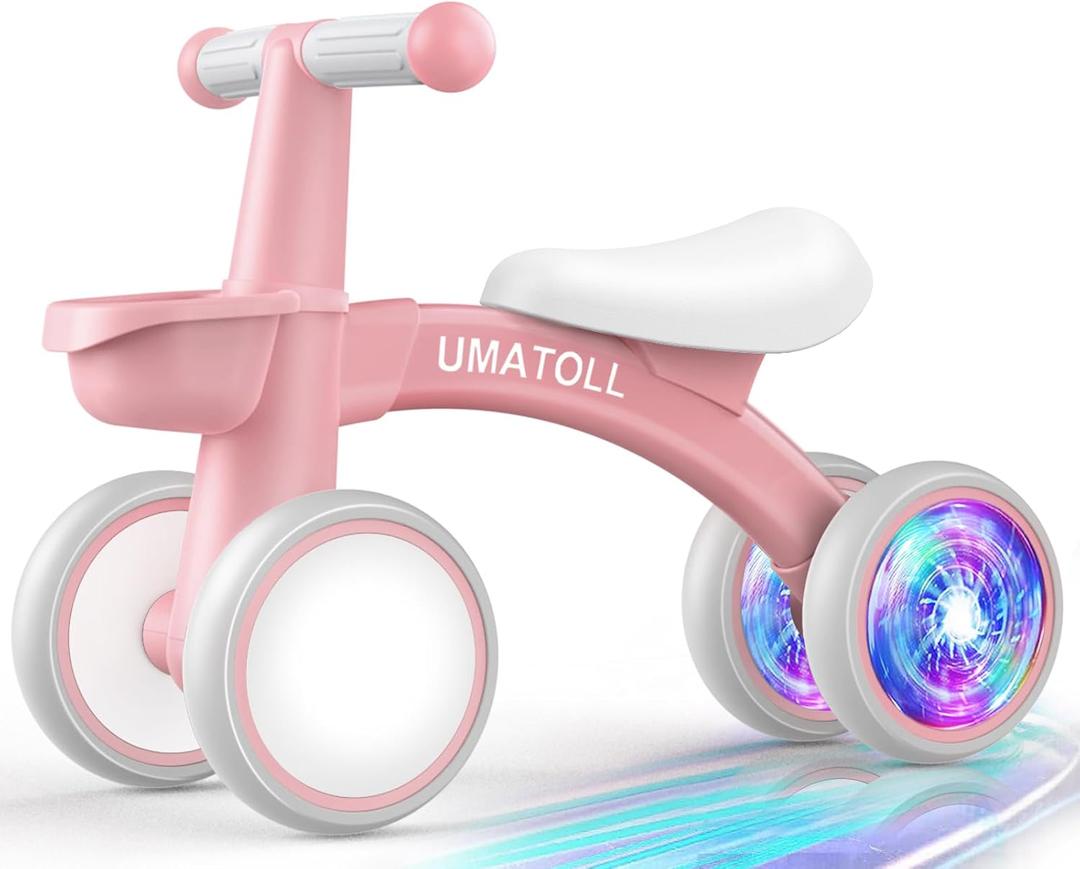 Umatoll Colorful Lighting Baby Balance Bike Toys for 1 Year Old Girls Gifts, Adjustable Seat, 1st Birthday Gifts, 12-24 Months Toddler Bike, Removable Basket, Pink