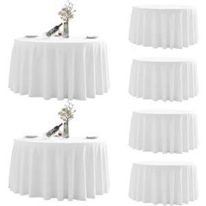 LEQEE Round Tablecloth, 6 Pack 120inch Stain and Wrinkle Resistant Polyester Table Cloth, Decorative Fabric Table Cover for Kitchen, Dinning, Party, Wedding Round(White)