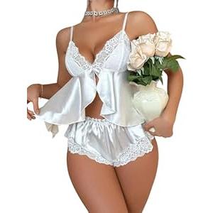 Women's 2 Piece Lingerie Set Floral Lace Tie Back Satin Bow Front Lingerie Pajama Set Sleepwear, White, Size Medium