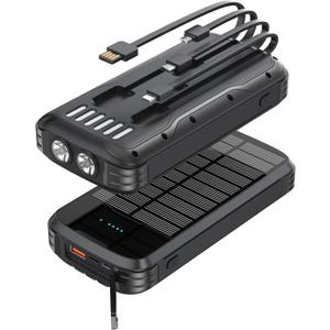 Solar Charger Power Bank, 40000mAh Portable Charger PD 20W Fast Charging Solar Power Bank Built in 4 Cables and USB-C in/Output, Camping Essentials External Battery Pack with Flashlights