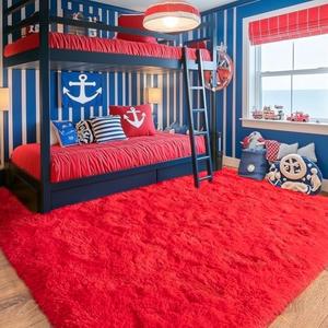 PIPABOBO Red Area Rugs 4'x6' for Bedroom Living Room, Non-Slip Fluffy Shag Floor Carpet, Shaggy Soft Plush High Pile Modern Indoor Rug for Girls Kids Baby Nursery Room Decor