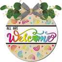 CHDITB 3D All Welcome Rainbow Door Sign Wreath(12"x12"), Colorful Classroom Teacher Decoration Wall Hanging with Green Leaves Bow, Wooden Back to School Decor Hanger for Daycare Preschool