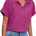 Womens Button Down Shirt Casual Short Sleeve Collared Work Blouse with Pocket (Small, A-07 Shocking Pink)
