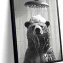 XYHYRA Funny Bear Bathroom Wall Art, Black and White Animal Shower Canvas Print Picture, Cute Bear Taking Bath Poster, Modern Farmhouse Bathroom Restroom Home Wall Decor 8x10 inch Wood Framed
