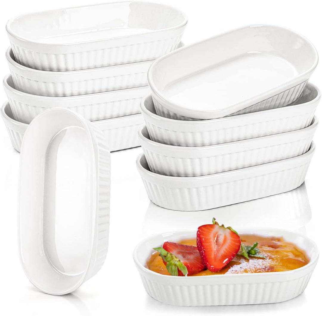Foraineam 10 Pack White Ramekins, Porcelain Souffle Dishes, Oval Crème Brulée Ramekins for Baking, 6 Ounce Dessert Bowls Set for Soufflé, Pudding, Quiche, Snack, Custard, Dishwasher and Oven Safe