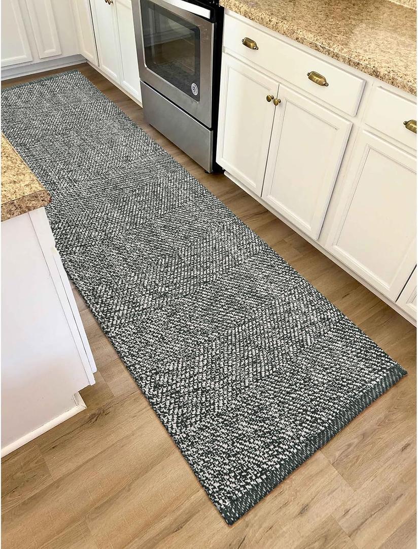 LEEVAN Hallway Runner Rug 2.6' x 8', Grey Braided Kitchen Runner Rug, Washable Woven Reverisible Bathroom Runner, Farmhouse Entryway Rug, Low-Profile Floor Carpet for Doorway/Laundry Room/Bedroom