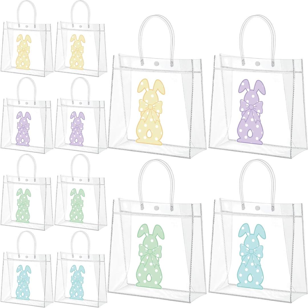 Kolldenn 12 Pcs Easter Clear PVC Gift Bags with Handle Cute Bunny Transparent Goodie Bag Reusable Treat Holder for Easter Party Supplies Decorations, 6.31" x 5.91" x 3.15"