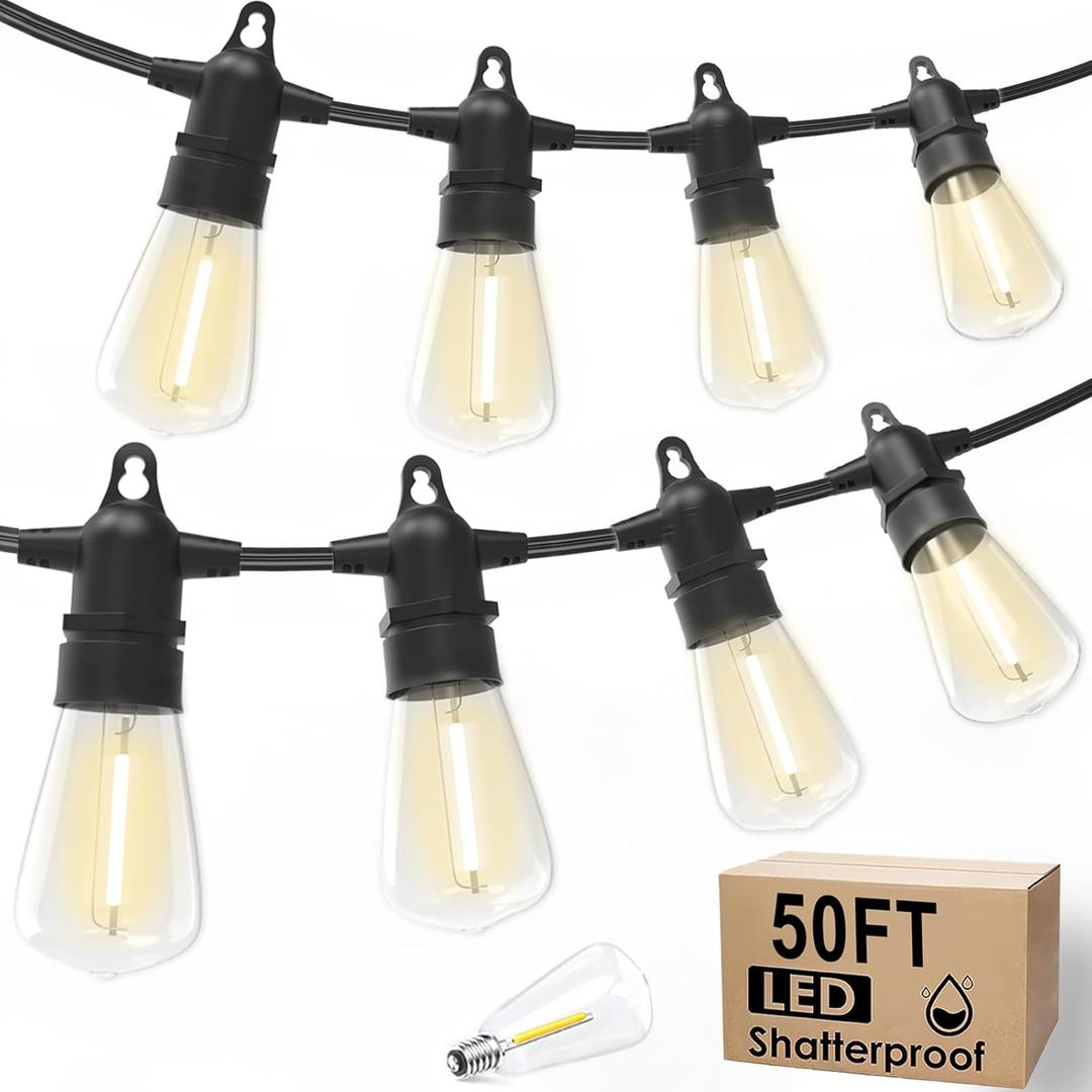 50ft Outdoor LED String Lights with ST38 Shatterproof Bulbs - Weatherproof Hanging Lights, Commercial Grade for Patio,Backyard, Garden, Gazebo (Connectable Design & Warm White 2700K)