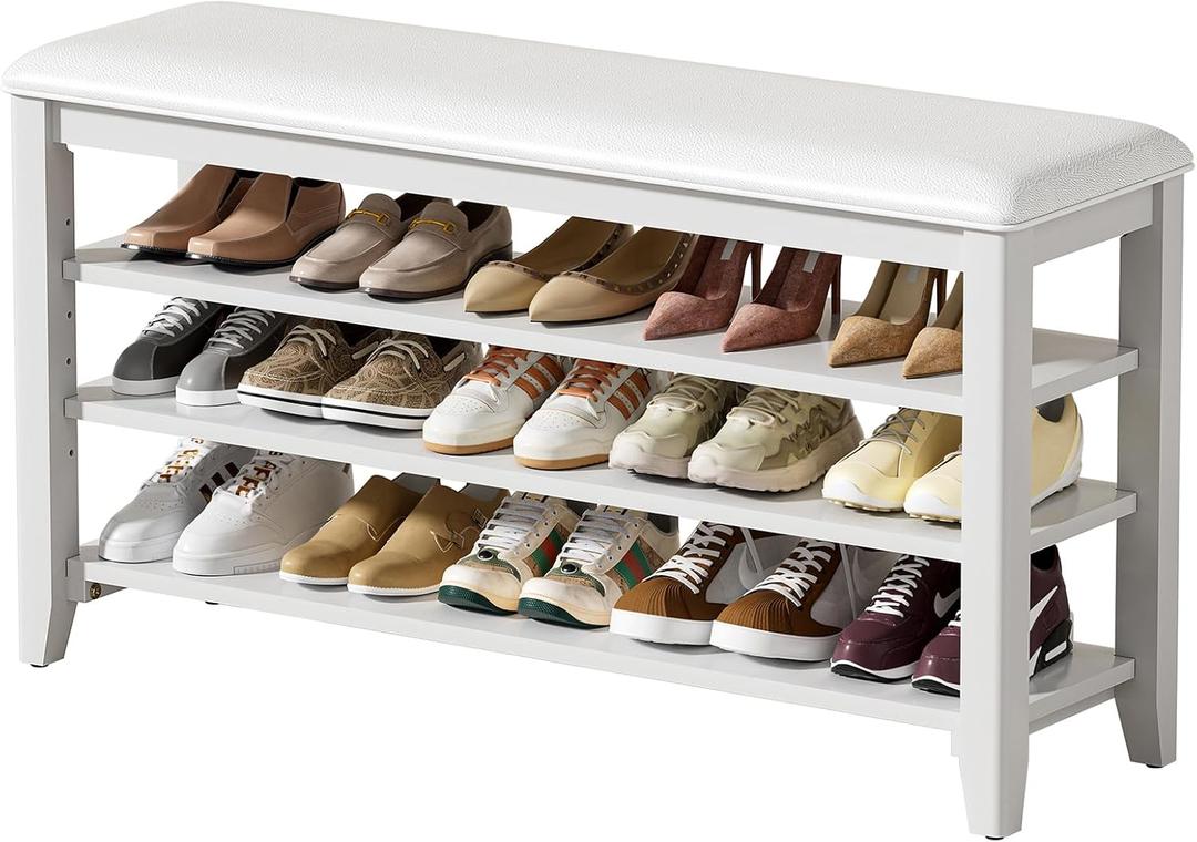 Shoe Rack Bench Entryway Storage with Leather Cushion, Shoe Organizer Bench for Entryway, Ideal for Front Doors Entrances Hallway Mudroom Featuring Rubberwood And 3 Height-Adjustable Removable Shelve