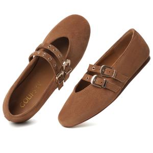 GOUPSKY BrownSuede Mary Jane Shoes for Women Mesh Ballet Flats with Adjustable Double Buckle Strap Comfortable Slip On Dress Shoes for Daily Size 8
