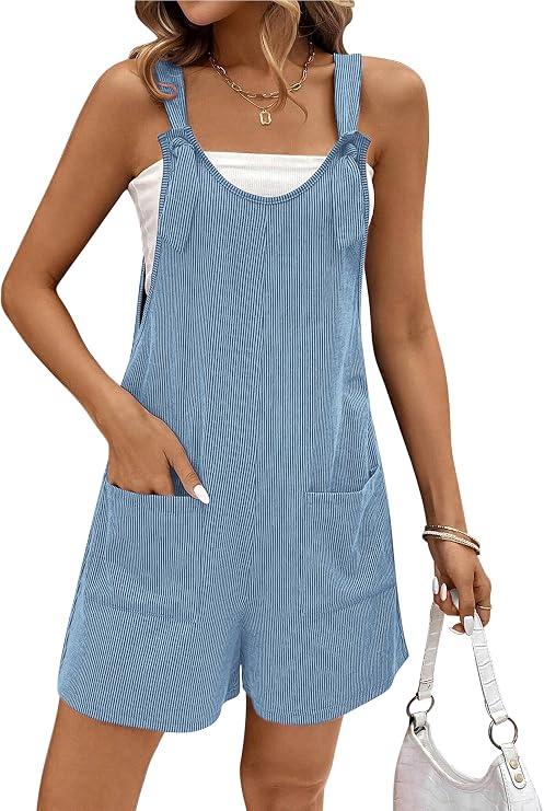Ekouaer Rompers for Women 2026 Fashion Ribbed Knit Jumpsuit Scoop Neck Loose Outfit Wide Leg Summer One Piece Shortalls, M
