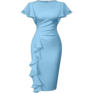 Memoriesea Women's Vintage Church Ruffle Sleeve Ruched Bodycon Work Midi Pencil Dress Light Blue L