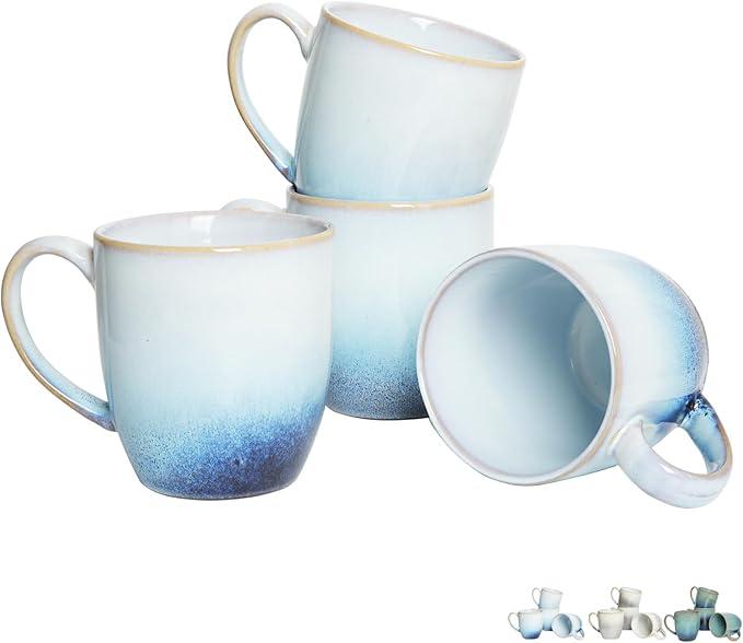 Ceramic Coffee Mug Set of 4, 12 Oz Tea Cups, Dishwasher and Microwave Safe, Reactive Glaze, Blue