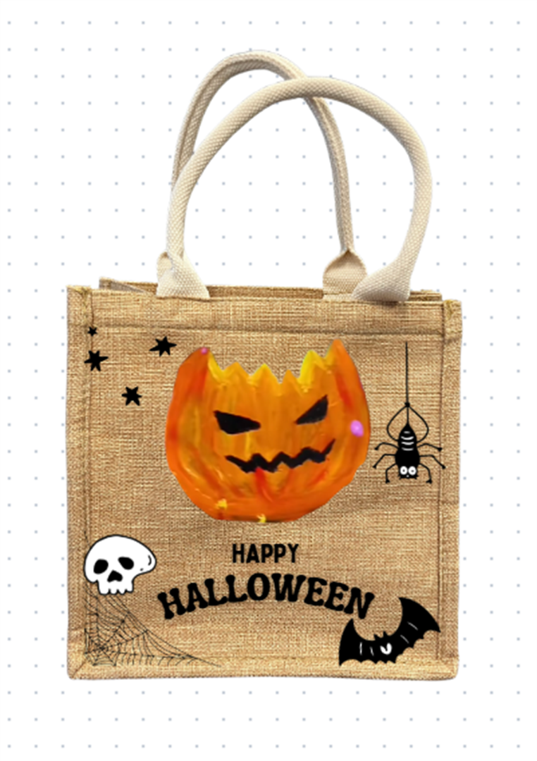 Halloween Jute Tote Bag, Cartoon Design Halloween Treat Bags (Count of 6)