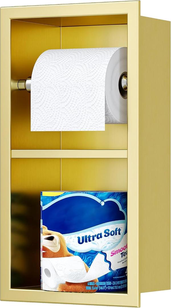 Qeke Recessed Toilet Paper Holder, 304 Stainless Steel Bathroom Toilet Paper Holder with Storage, in Wall Tissue Toilet Roll Holder