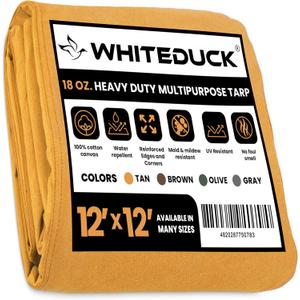 WHITEDUCK 12'x12' Canvas Tarp 18 oz/37 Mil Heavy Duty Waterproof UV Resistant, Rustproof Grommets, Industrial & Commercial Use Cloth Tarp (Finished Size: 11'6"x11'6", Tan)