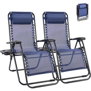 NEWBULIG Zero Gravity Chair Set of 2, Lounge Chair Folding Portable Adjustable Camping Reclining Chairs with Adjustable Pollow, Mesh Back, Cup Holder Trays Lawn Patio Chair for Pool Beach - Blue