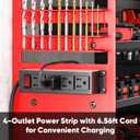 POKIPO Large Power Tool Organizer Wall Mount with Charging Station,4 Layer Heavy Duty Metal Tool Storage Shelf Loads 600lbs,Battery Utility Rack With 4 Outlet Power Strip with 8 Cordless Drill Holder Large with Power Station Red
