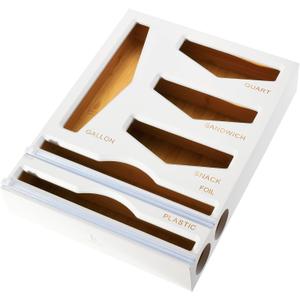 Cozee Bay Bamboo Food Bag Organizer with Foil and Plastic Wrap Organizer, Kitchen Drawer Organizer, Wrap Dispenser with Cutter, for Gallon, Quart, Sandwich, Snack Bags and 12" Roll (White)