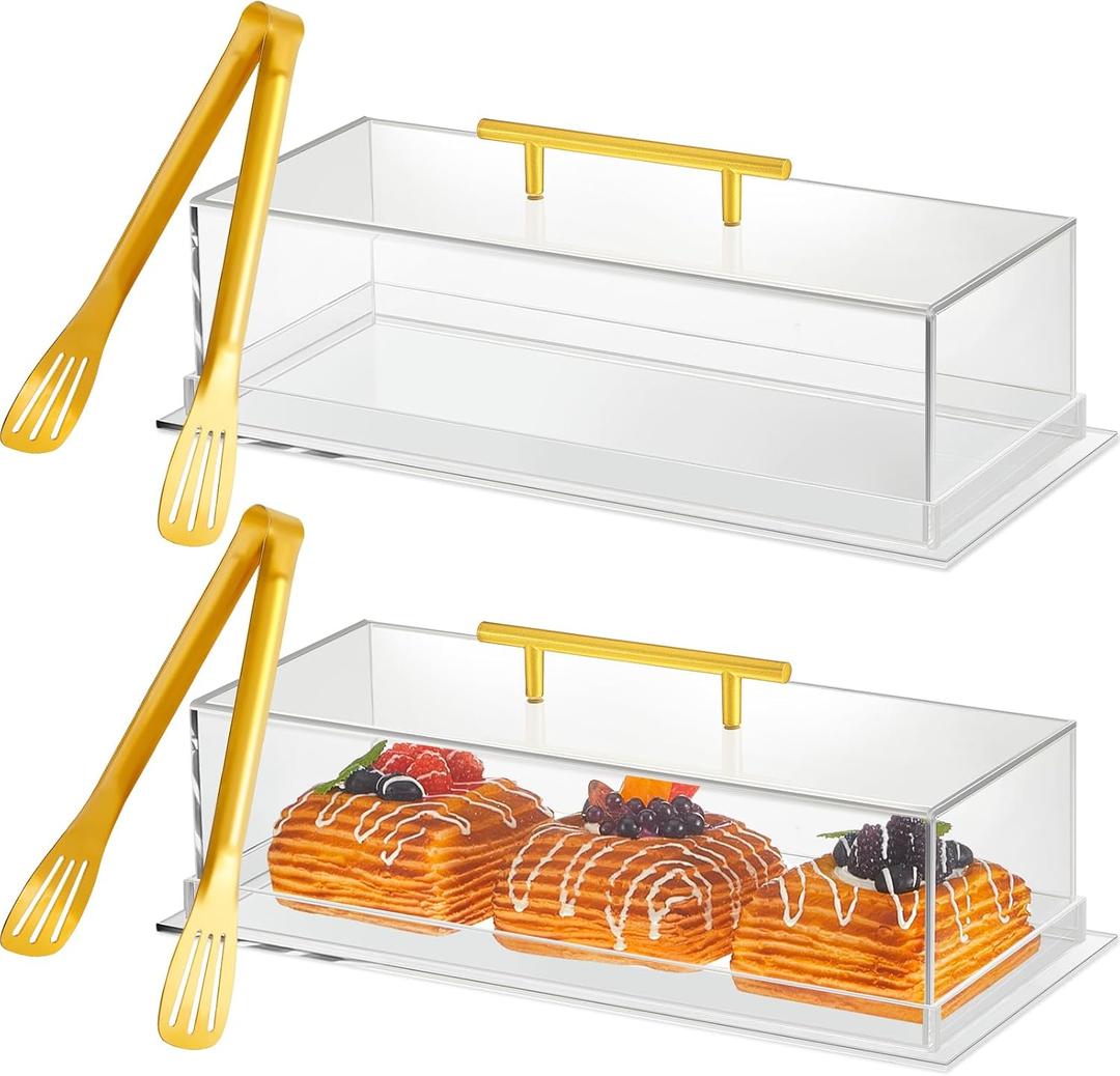 2 Pcs Acrylic Bakery Pastry Display Case with 9'' Serving Tong 14"x6"x4" Rectangular Clear Acrylic Serving Tray Dessert Cake Tray with Lid for Party Banquets