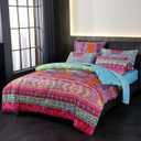 Bohemian Bed in a Bag 7 Pieces Full Size, Colorful Boho Style Red And Blue Printed, Reversible Comforter Set (1 Comforter, 1 Flat Sheet, 1 Fitted Sheet, 2 Pillow Shams, 2 Pillowcases) (Full, Colorful)