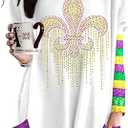 Mardi Gras Shirt Women Mardi Gras Carnival Long Sleeve Shirts New Orleans Party Blouse with Pockets, Small, White