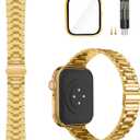 Solid Stainless Steel Band Compatible with Apple Watch 40mm, Bands with Screen Protector for iWatch Series 9/8/7/6/5/4/3/2/1/SE Women and Men (Gold)