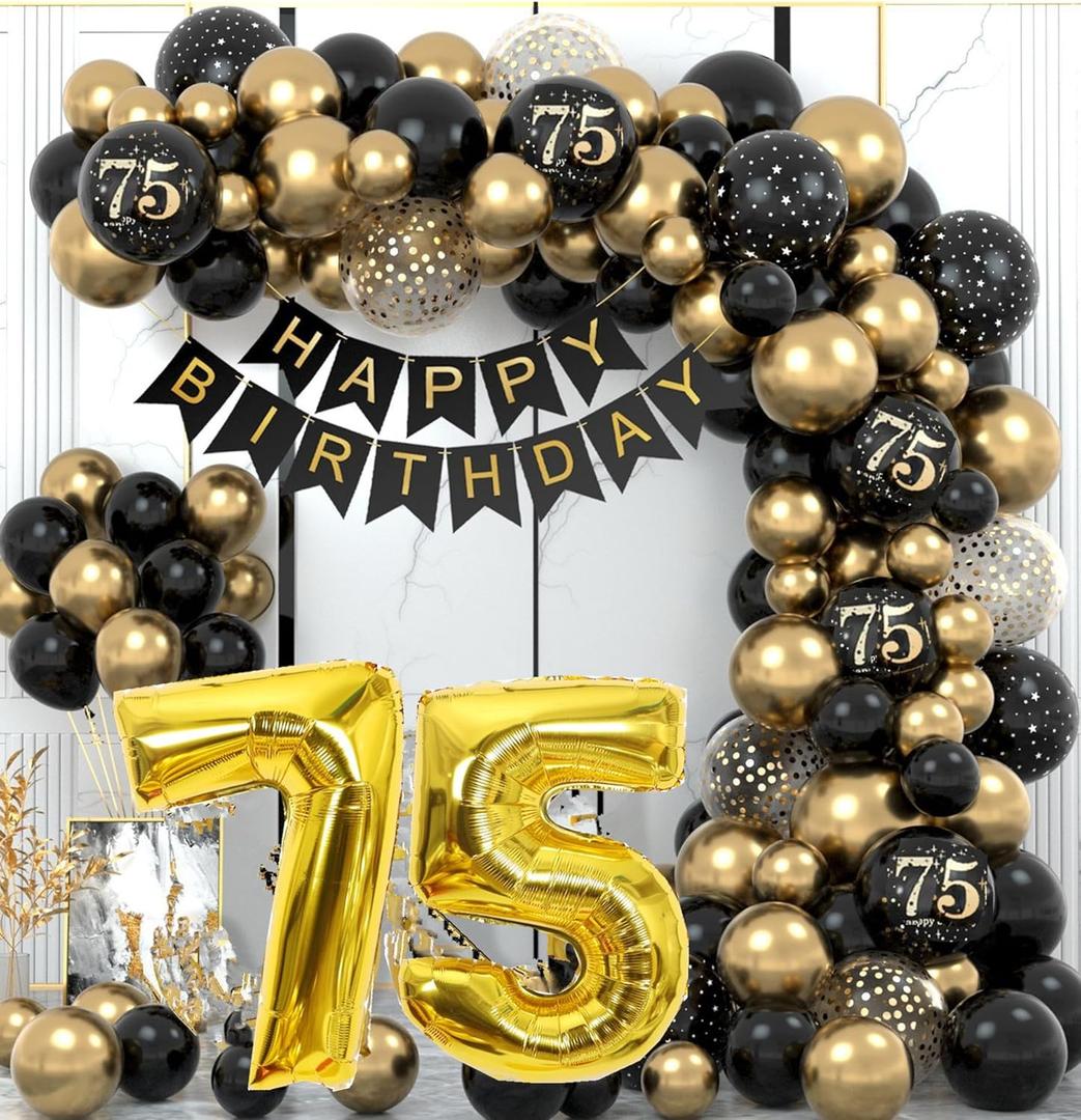 75th Birthday Balloon Decorations, 75th Birthday Decorations Black and Gold Balloons Garland 75th Birthday Balloons Banner for 75th Birthday Party Decorations