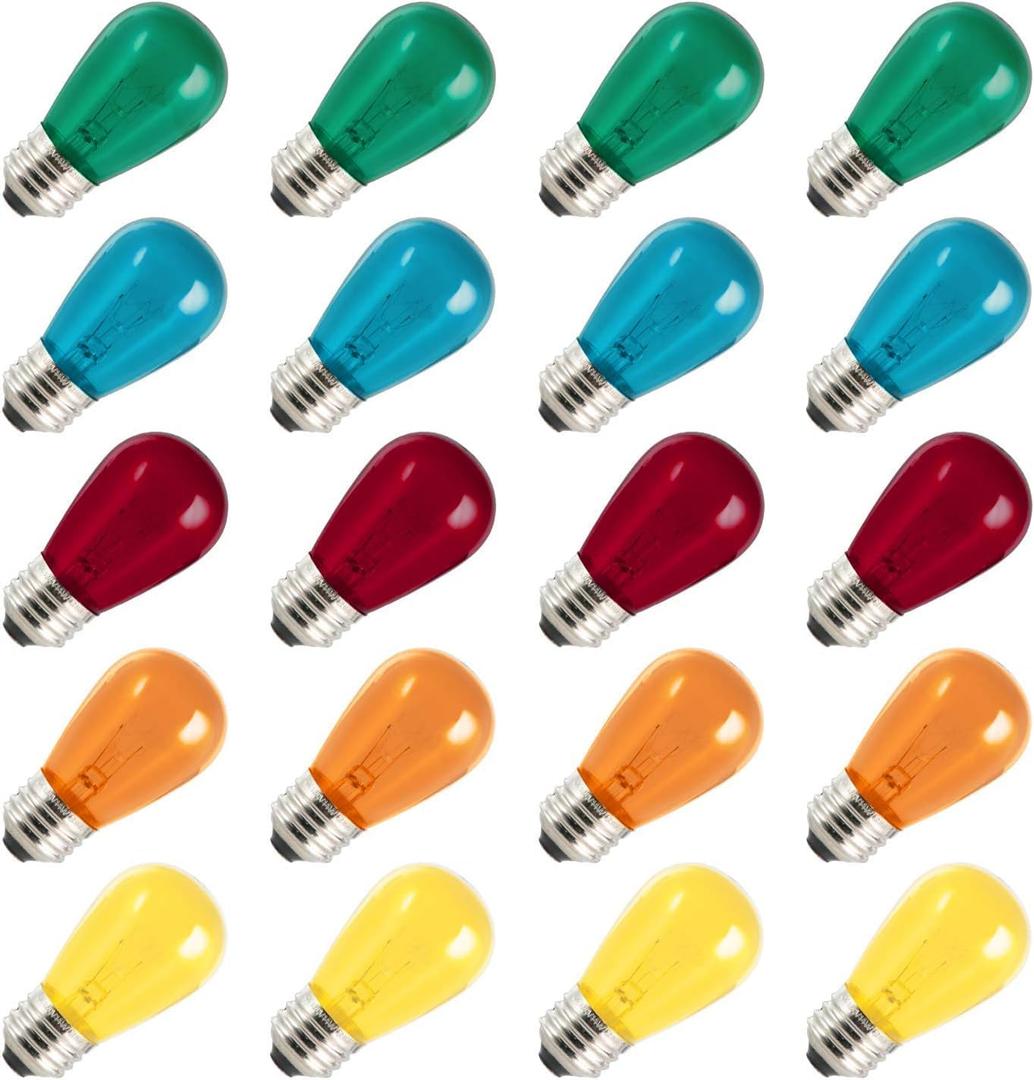 S14 Christmas Replacement Light Bulbs, 20 Pack Glass Edison Vintage Bulbs, 11 Watt, E26 Medium Base, Waterproof Commercial Christmas Bulb for Indoor Outdoor Home Patio Garden Decoration, Multicolor