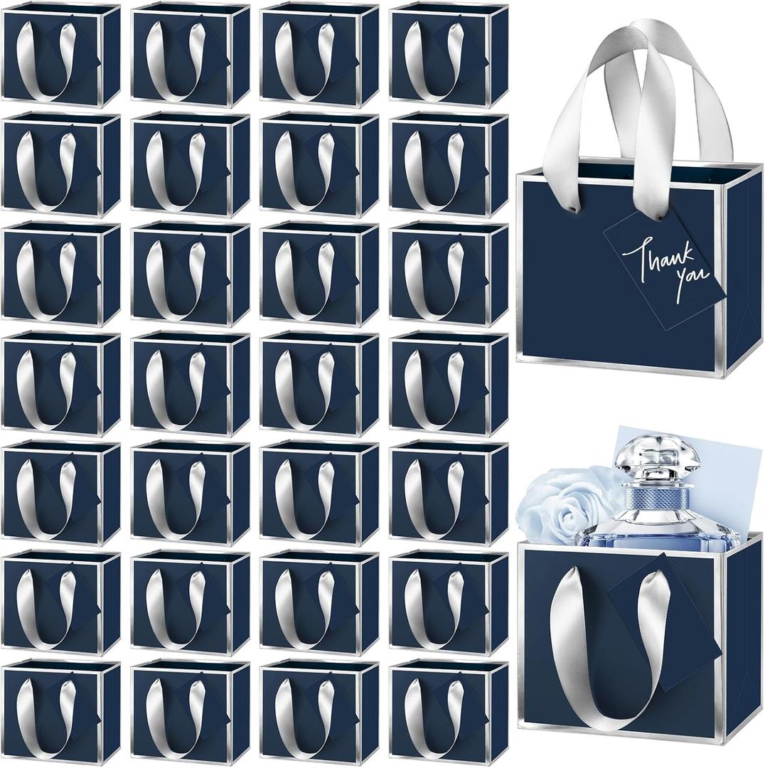 Yeaqee 50 Pcs Mini Metallic Gift Bags with Handles 4x4.75x2.25'' Tiny Thank You Favor Bags with Tag for Easter Mother's Day Wedding Spring Welcome Baby Shower Graduation Birthday (Navy Blue,Silver)