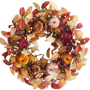24 Inch Fall Velvet Pumpkin Wreath with Berries for Front Door, Fall Pumpkin Wreaths for Indoor Outdoor, Rustic Farmhouse Harvest Thanksgiving Pumpkin Wreaths for Home Decor