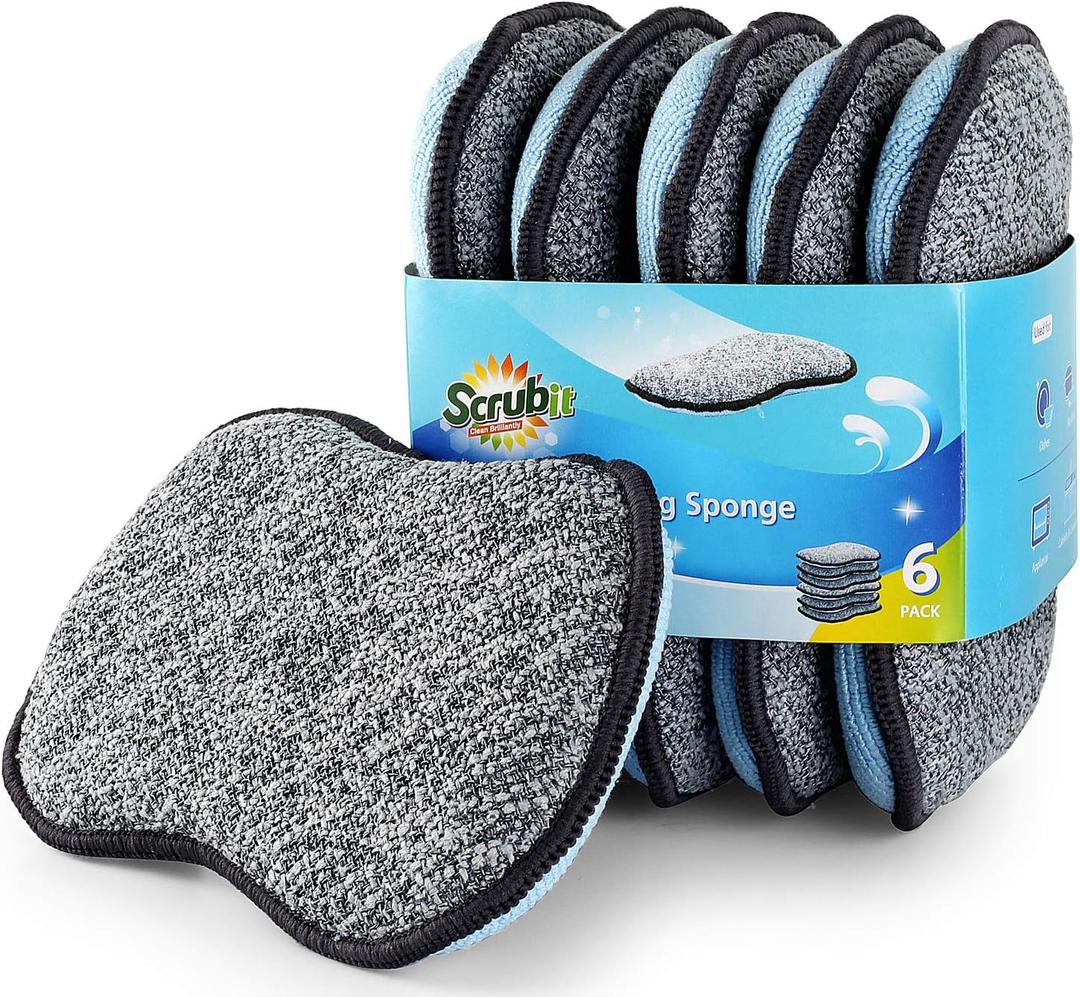 Multi-Purpose Scrub Sponges for Kitchen by Scrub- it - Non-Scratch Microfiber Sponge Along with Heavy Duty Scouring Power - Effortless Cleaning of Dishes, Pots and Pans All at Once(6 Pack, Large) (Gray & Blue)
