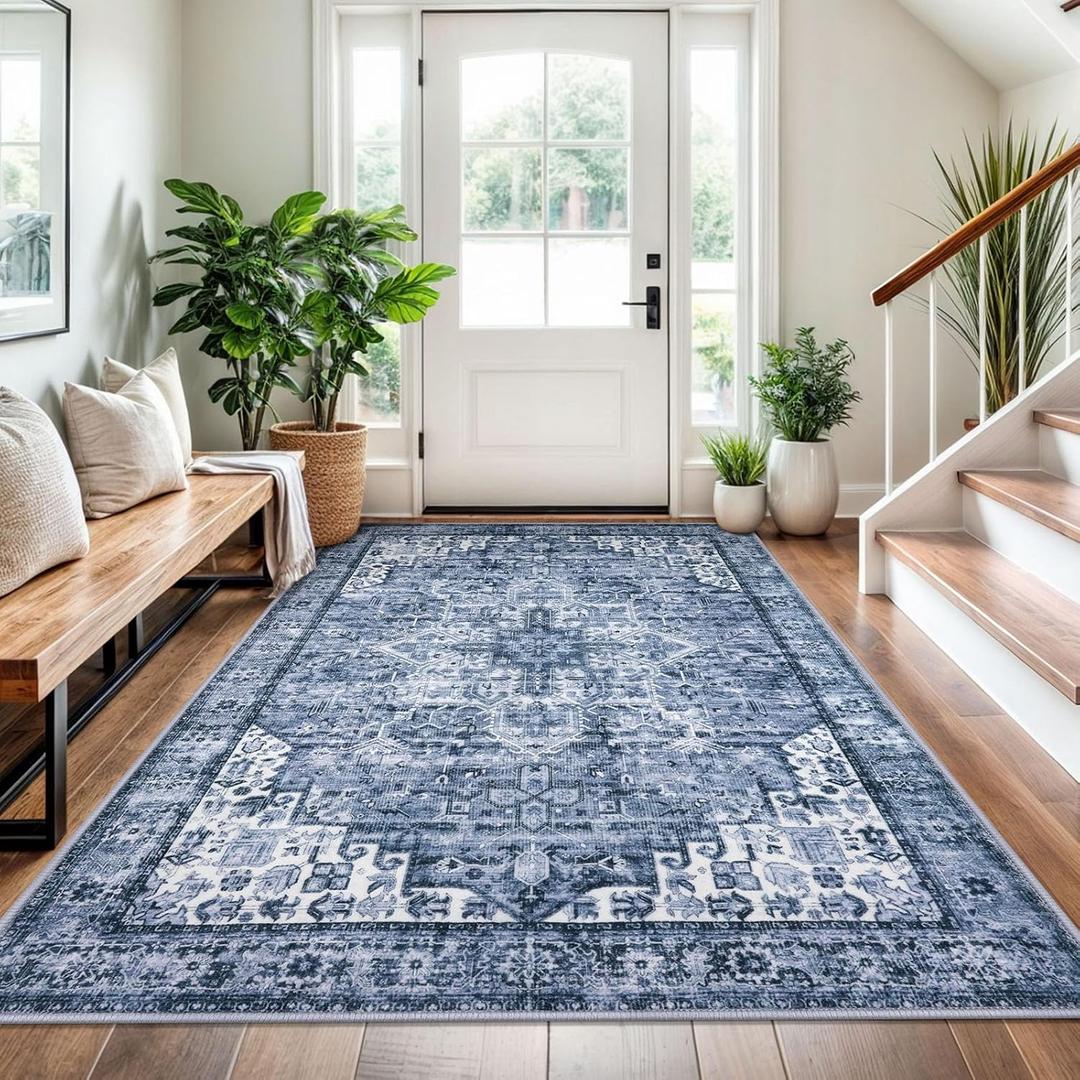 4x6 Washable Rug for Entrance, Blue Soft Printed Area Rug, Non-Slip Kitchen Rugs, Low-Pile Medallion Indoor Door Mat, Small Farmhouse Carpet for Entryway Kitchen Foyer Bedside