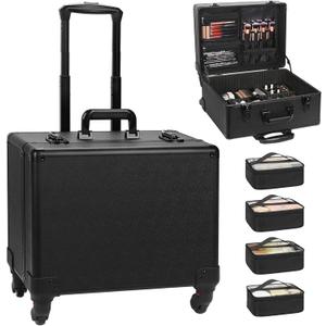 Relavel Rolling Makeup Case Cosmetology Case on Wheels Professional Extra Large Travel Train Case for Makeup Artists, Trolley Suitcase for Cosmetic Nair Art Salon Storage Organizer with 6 Clear Bags