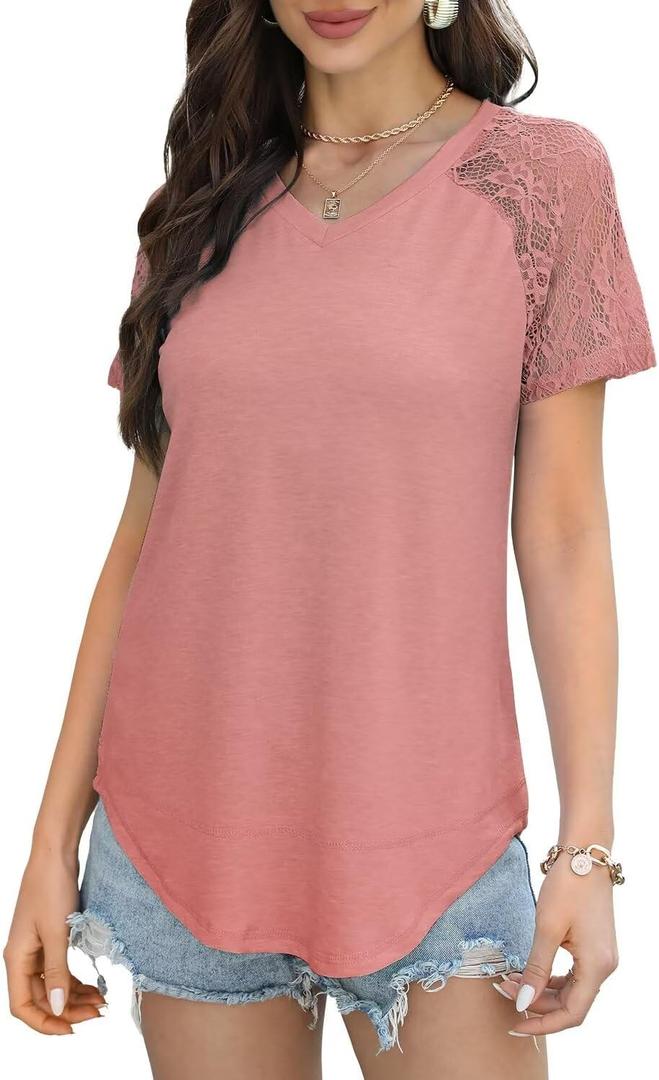 Beimuc Women's Summer Tops 2024 Trendy Lace Short Sleeve T-Shirts V-Neck Loose Casual, M