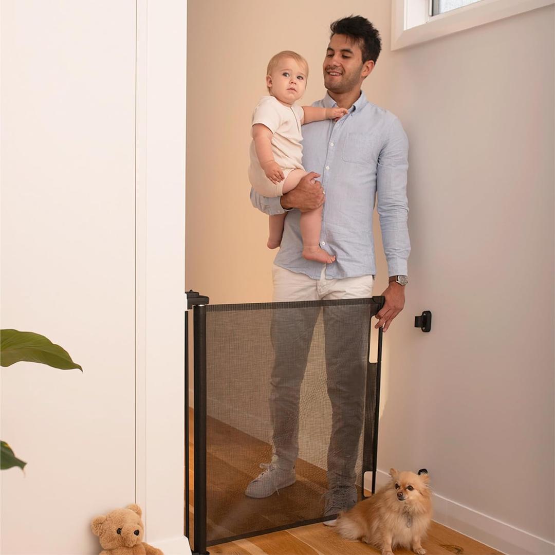 Retractable Baby Gate Perma Child Safety 33" Tall x 55 Wide, Mesh, for Stairs, Doorways, Dogs, Pets, Indoor, Outdoor, One-Handed Operation, Locking, Easy Install, Hardware Mount, Black