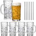 Lyellfe Set of 6 Glass Beer Mug, 18 Oz Large Beer Glasses with Handle Straw, Solid Clear Drinking Glassware Beer Cups for Freezer, Great for Cocktail, Juice, Soda, Beer, Whiskey, Beverage