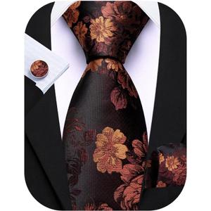 Barry.Wang Flower Ties for Men Silk Woven Floral Tie Sets Necktie Handkerchief Cufflinks Wedding Party (Burnt Orange)