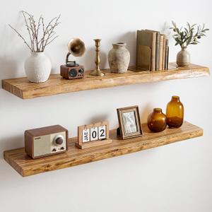 Dreamland 36 Inch Long Floating Shelves Set of 2, Rustic Solid Elm Wood Live Edge Floating Shelf Wall Mounted, 8 Inch Deep Wooden Wall Shelves for Living Room, Bedroom, Bathroom, Kitchen, Natural