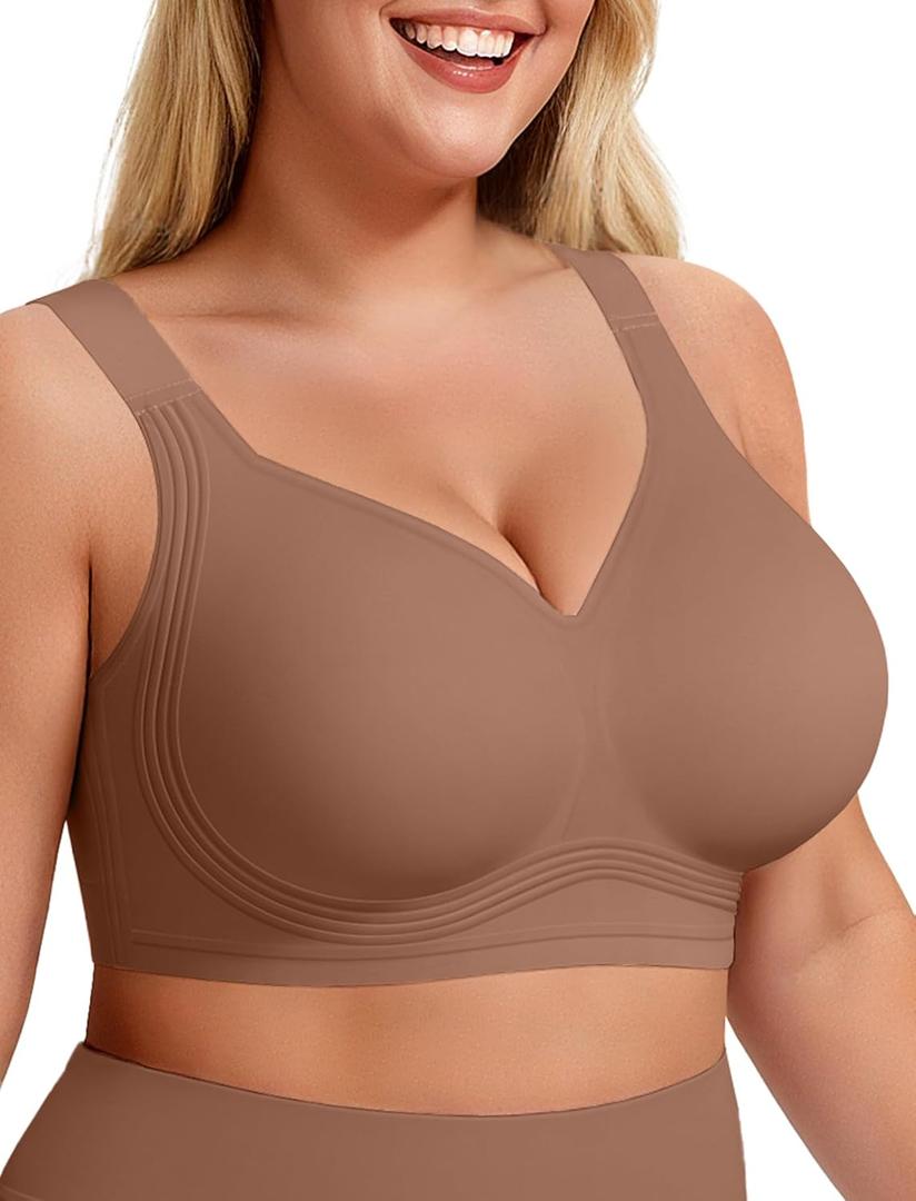 Bras for Women Supportive Wireless Push Up Bra Full Coverage No Underwire Seamless Plus Size for Older Women (Large, Coffee)